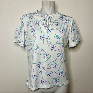 Vintage 80s Alfred Dunner White Retro Print Split Neck Polyester Blouse